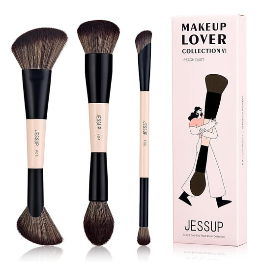 Jessup Face Makeup Brushes 3pcs Double Ended Makeup Brush Set for Foundation Contour Blush Highlight and Powder, Premium Synthetic Make up Brushes Peach Dust T508-Velvo Beauty