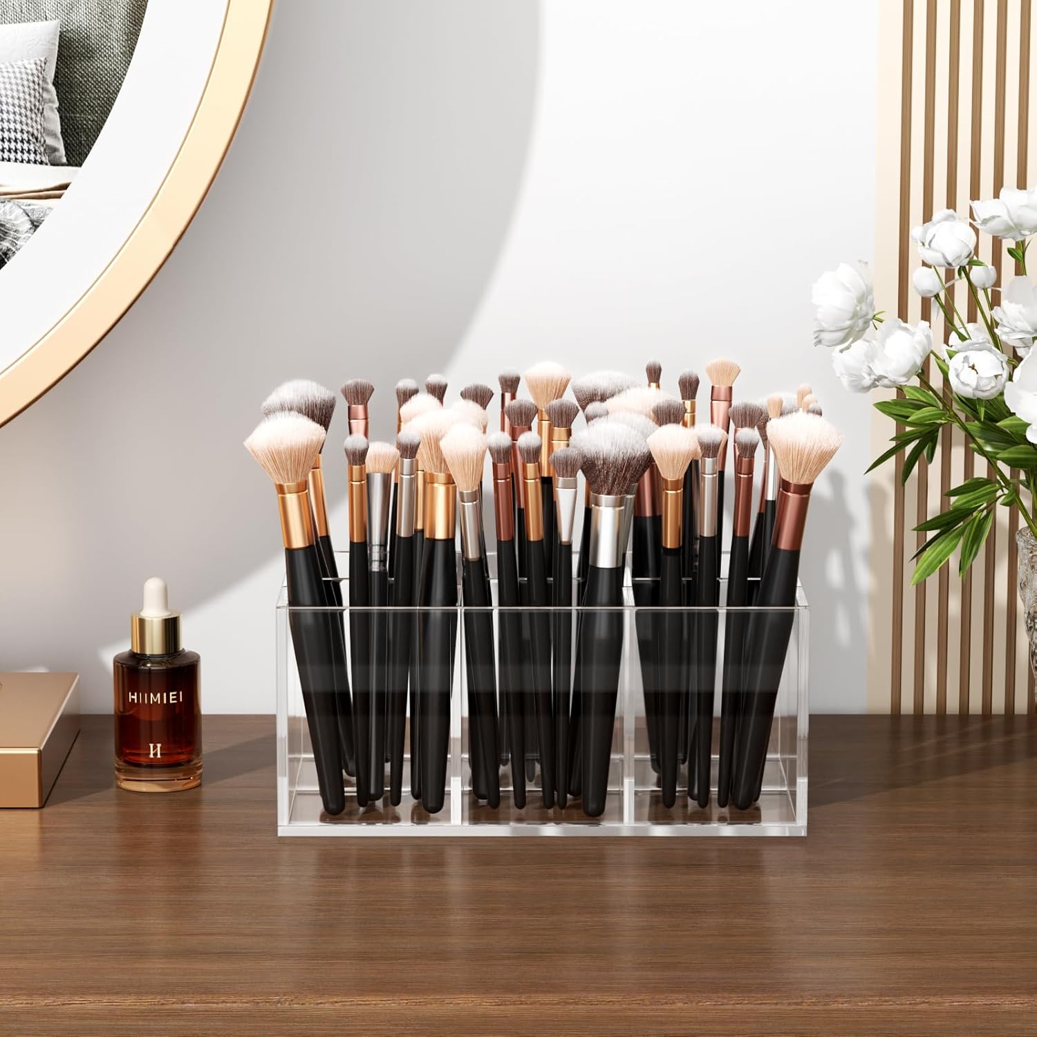 HIIMIEI Clear Makeup Brush Holder Organizer Acrylic 6-Slots Cosmetic Brushes Storage Organizer for Vanity Countertop-Velvo Beauty