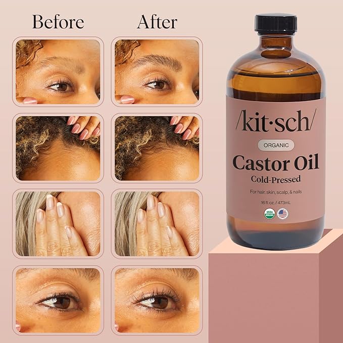 Kitsch Organic Castor Oil for Hair Growth - 100% Pure Castor Oil, Organic Cold Pressed Unrefined Glass Bottle for Face, Skin, Lashes, Brows, Scalp, Nails & Belly Button - Hexane Free, USDA - 16 oz-Velvo Beauty