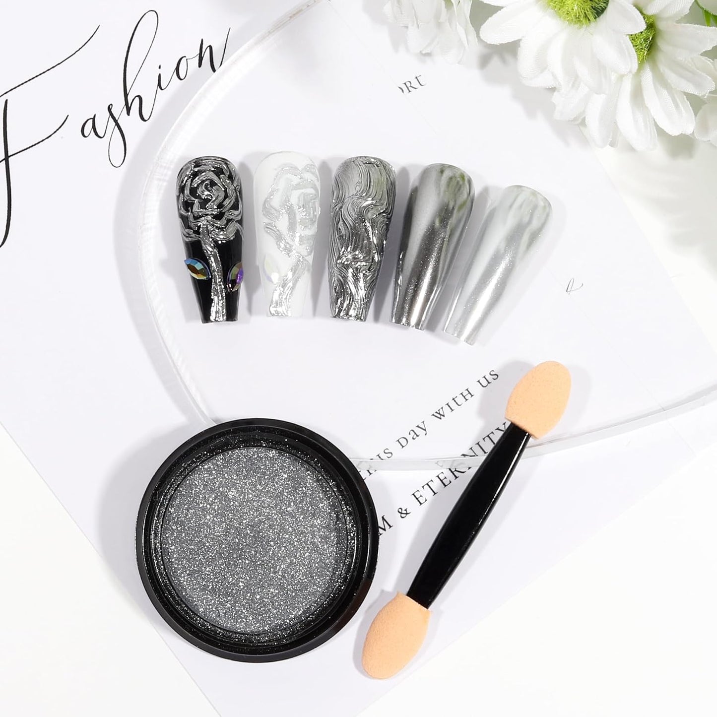 Artdone Chrome Nail Powder, Silver Iridescent Aurora Powder Metallic Mirror Effect Pigment Pearlescent Mermaid Pigment Pearl Glitter Dust Kit, Nail Art Decoration, Resin Craft-Velvo Beauty