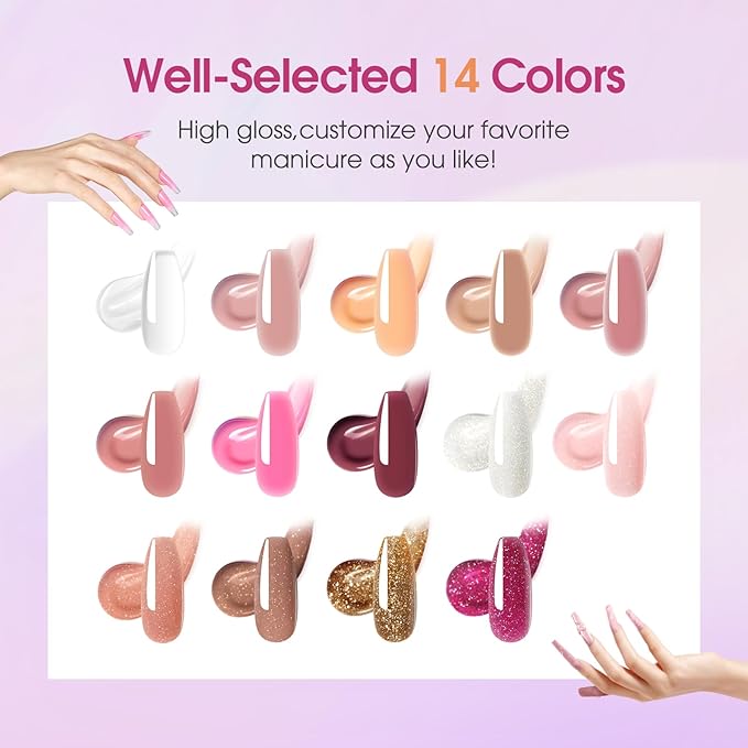 ROSALIND Poly Nail Gel Colors Kit -14 Colors +72 Nail Art Accessories kit Glitter Poly Nails Gel Kit Starter Kit with Mini UV Lamp Slip Solution Nude Pink Poly Nail Art for Beginners with Everything-Velvo Beauty
