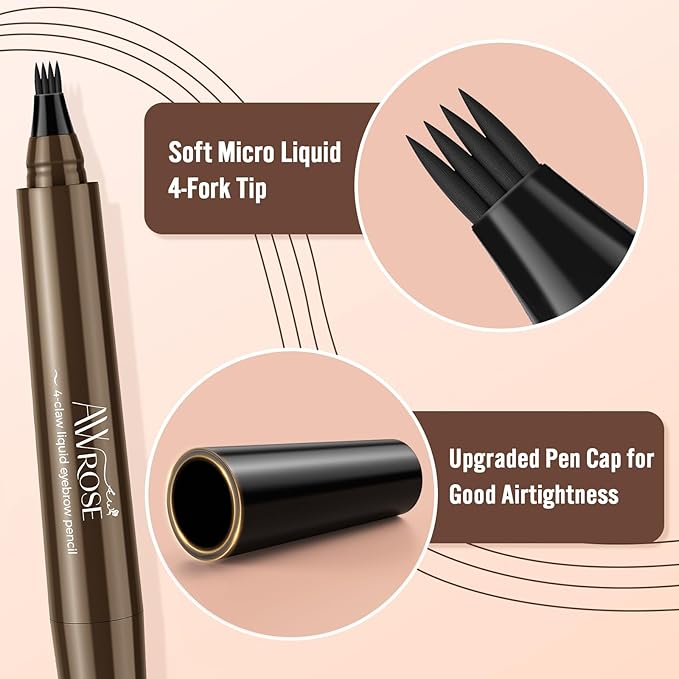 AWROSE Eyebrow Pencil, 2 Pack 3D Waterproof Microblading Eyebrow Pen 4 Fork Tip Tattoo Pencil, Precise Natural Magic Eye Brow Pen with Hair Like Strokes, 4 Points Multi-Used Eye Brow Pencils for Women-Velvo Beauty
