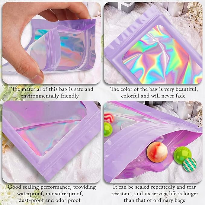 ANZNKU 100 Pcs Smell Proof Mylar Resealable Bags, Holographic Packaging Bags, Resealable Odor Foil Pouch Zip Bag with Clear Window for Food Storage and Lipgloss, Jewelry Lash (Purple, 5.5 x 7.9 Inch)-Velvo Beauty