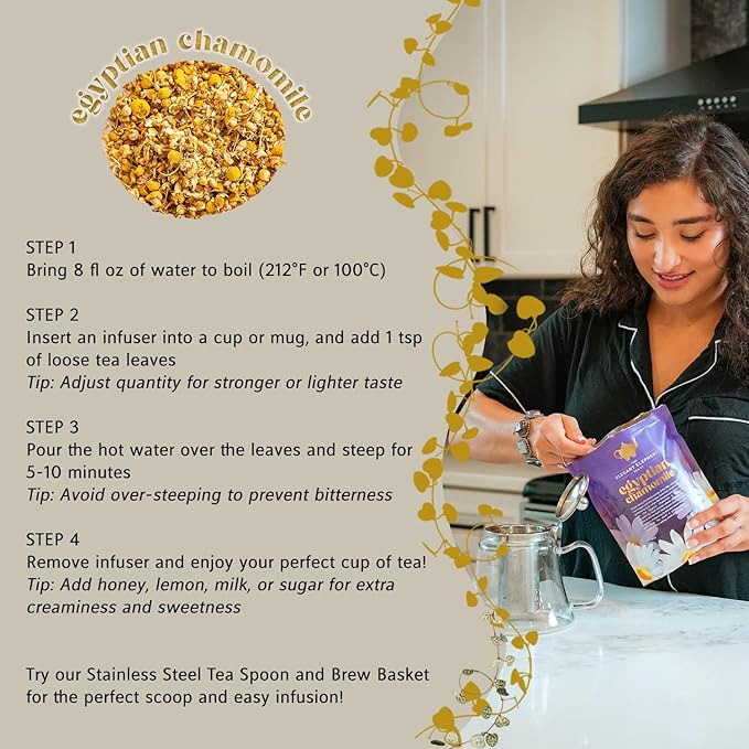 Egyptian Chamomile Tea, Organic Loose Leaf Herbal Tea – Cozy, Calming – Supports Stress Relief, Relaxation & Sleep – 4 oz Resealable Bag (Makes 50 Cups) – The Elegant Elephant-Velvo Beauty