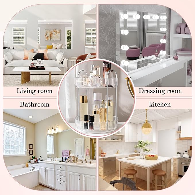 Rotating Makeup Organizer, 360° Spinning Makeup Storage Holder Rack, Dresser Bathroom Organizer Countertop, Large Capacity Perfume Skincare Lipstick Organizer for Vanity.(2 Tiers, Transparent)-Velvo Beauty