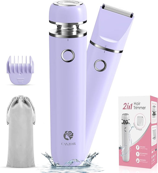 Bikini Trimmer and Shaver Kit for Women - 2-in-1 Wet/Dry Electric Body Hair Trimmer Facial Hair Removal Cordless Waterproof Bikini Shaver Razor for Face Lip Chin Pubic Underarm Legs (Purple)-Velvo Beauty