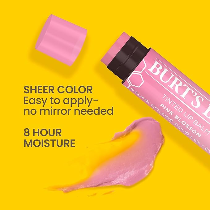 Burt's Bees Lip Tint Balm with Long Lasting 2 in 1 Duo Tinted Balm Formula, Color Infused with Deeply Hydrating Shea Butter for a Natural Looking Buildable Finish, Pink Blossom (2-Pack)-Velvo Beauty