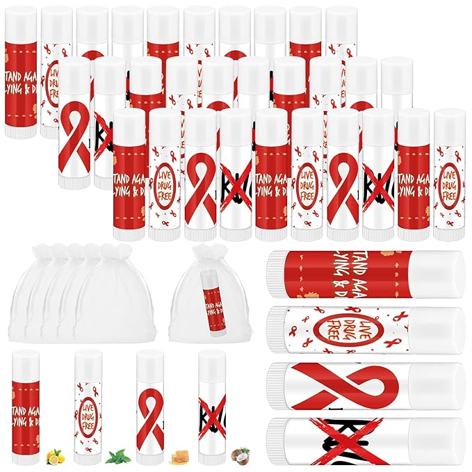 Fumete 50 Pcs Red Awareness Ribbon Lip Balm Bulks Red Ribbon Week Support Gift Red Ribbon Week Supplies Mental Health Awareness Items for Unisex Adults Volunteer Fundraising Charity Activity-Velvo Beauty