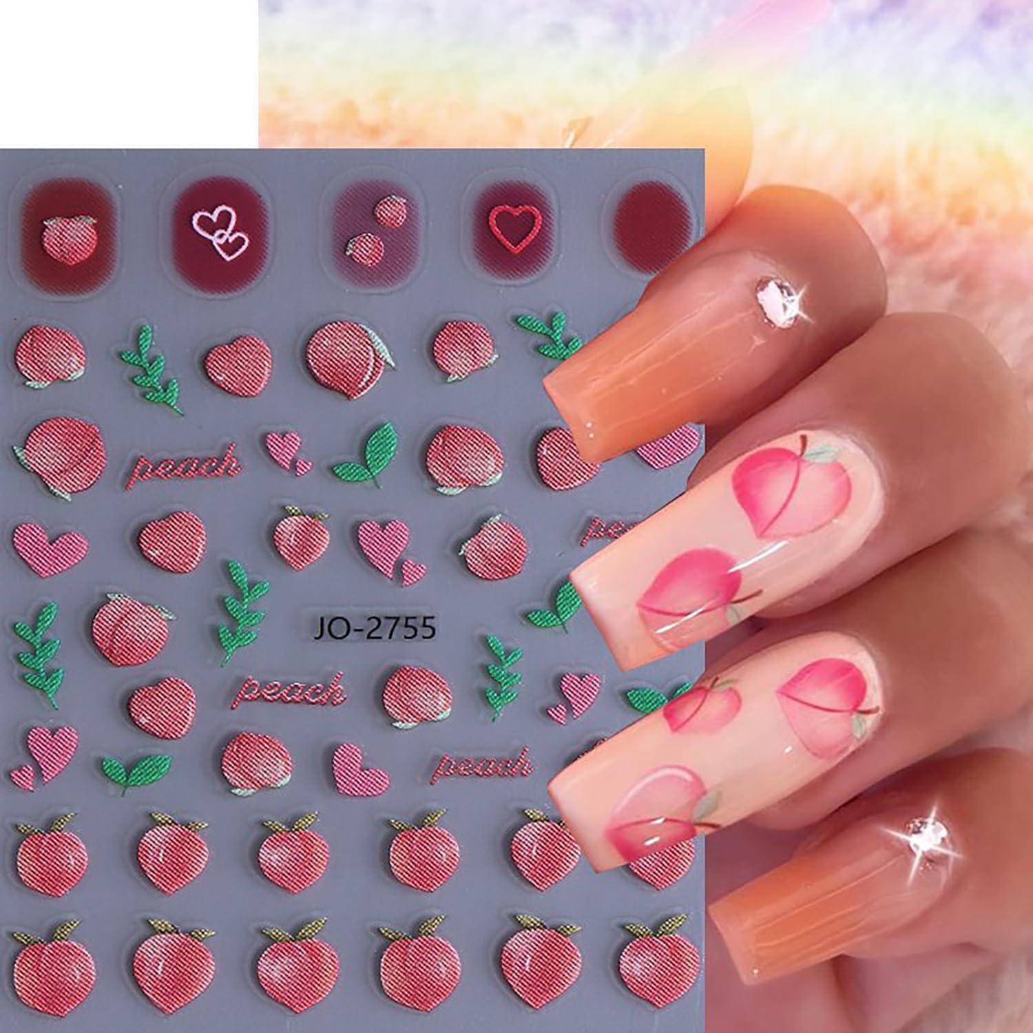 6 Sheets Fruit Nail Art Stickers 3D Self -Adhesive Cherry Strawberry Nail Decals Holographic Lemon Peach Nail Stickers Summer Cute Fruite Nail Decals Decoration for Women DIY Manicure Supplies-Velvo Beauty