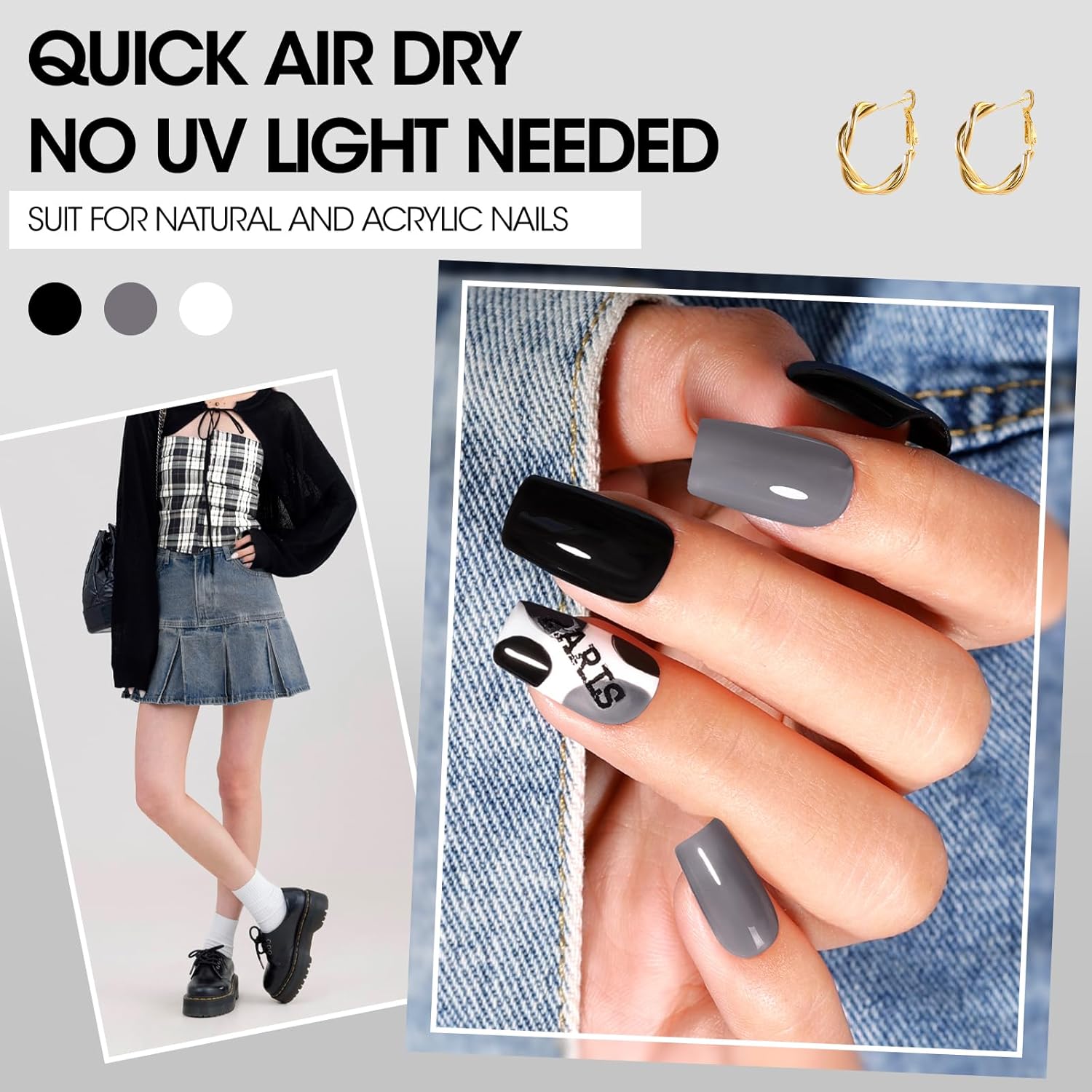 Gellen 4 Colors Black White Gray Nail Polish Set & Base Top Coat, Fall Winter Trendy Winter Black White Grey Regular Nail Polish Quick Air Dry Set for Women DIY Nails Home Salon, Hema Free, Toxin Free-Velvo Beauty