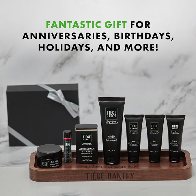 Tiege Hanley Mens Skin Care Gift Box Set, Silver - Men's Skincare Set Includes Face Wash, AM & PM Facial Moisturizer, Face Clay Mask & Scrub, Body Scrub Bar, & Moisturizing Lip Balm-Velvo Beauty