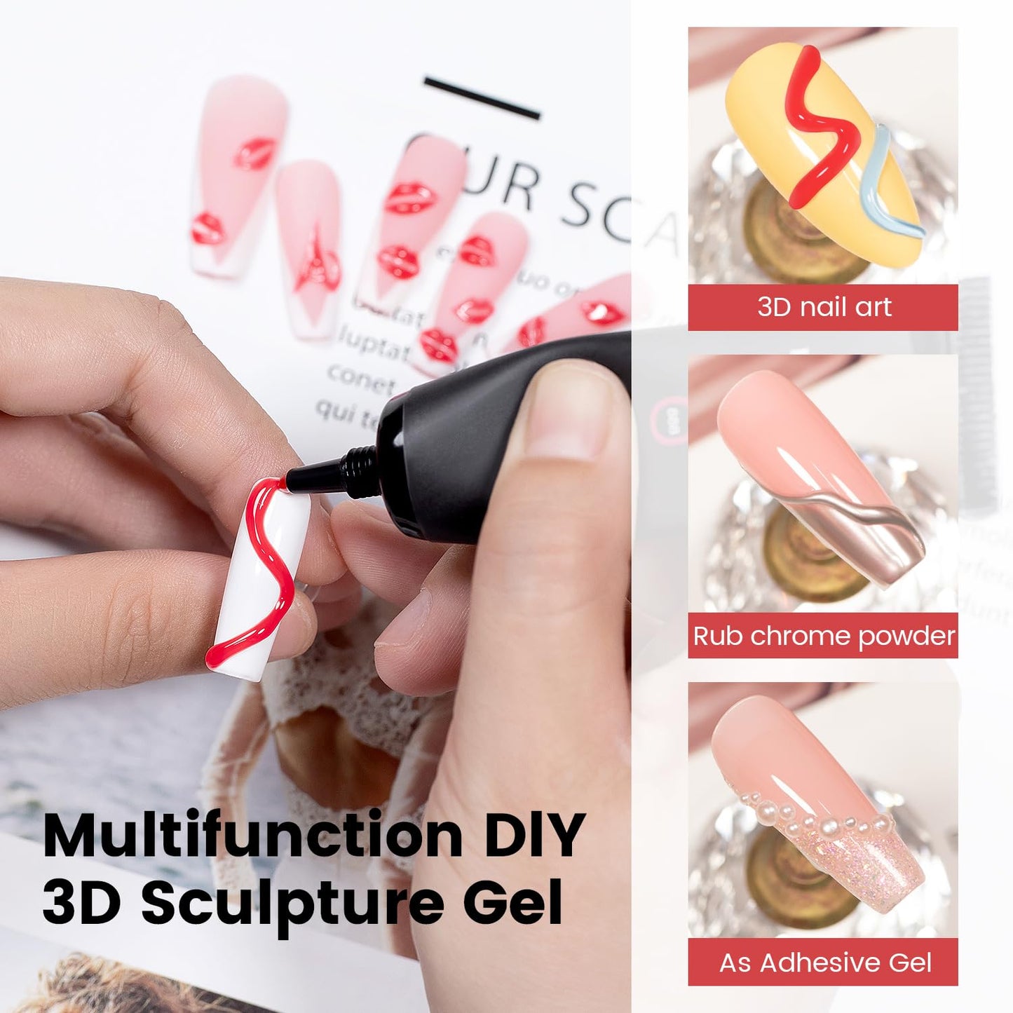 RARJSM 3D Sculpture Gel Polish for Nail Art - No Wipe Red 2 in 1 Gem Rhinestone Glue Drawing Hard Craving Sculpting Gel UV LED Curing Requires Soft Tube DIY Decoration Manicure Design-Velvo Beauty