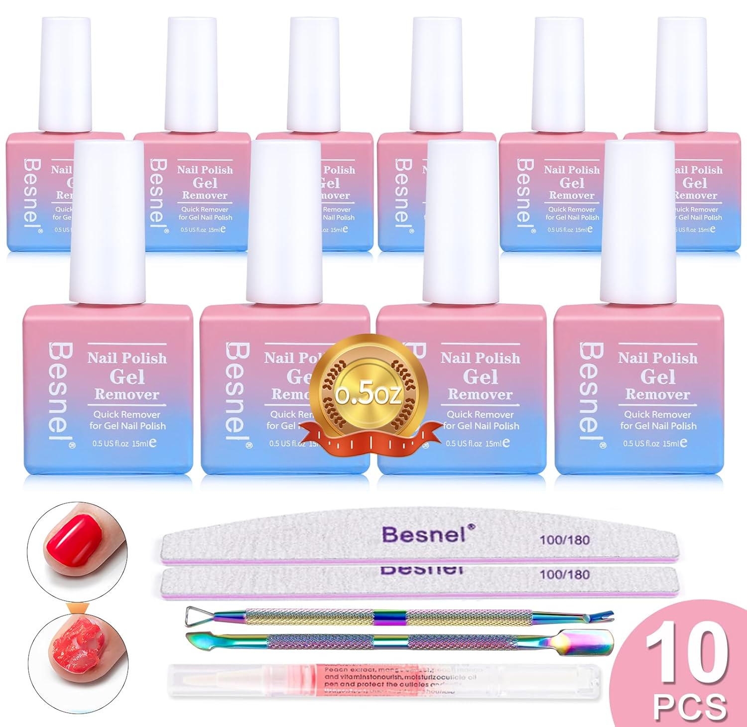 Gel Nail Polish Remover 10 Pack Professional Gel Polish Remover Non-Irritating Quick Easy, Nail Polish Gel Remover Tools Kit Nail File Cuticle Pusher File Grit, No Need For Foil Soaking Or Wrapping-Velvo Beauty