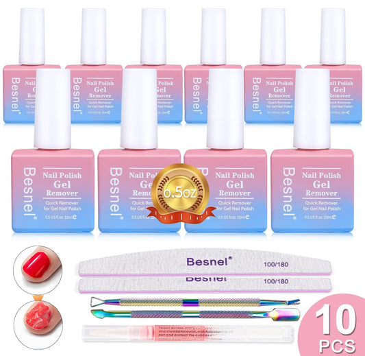 Gel Nail Polish Remover 10 Pack Professional Gel Polish Remover Non-Irritating Quick Easy, Nail Polish Gel Remover Tools Kit Nail File Cuticle Pusher File Grit, No Need For Foil Soaking Or Wrapping-Velvo Beauty