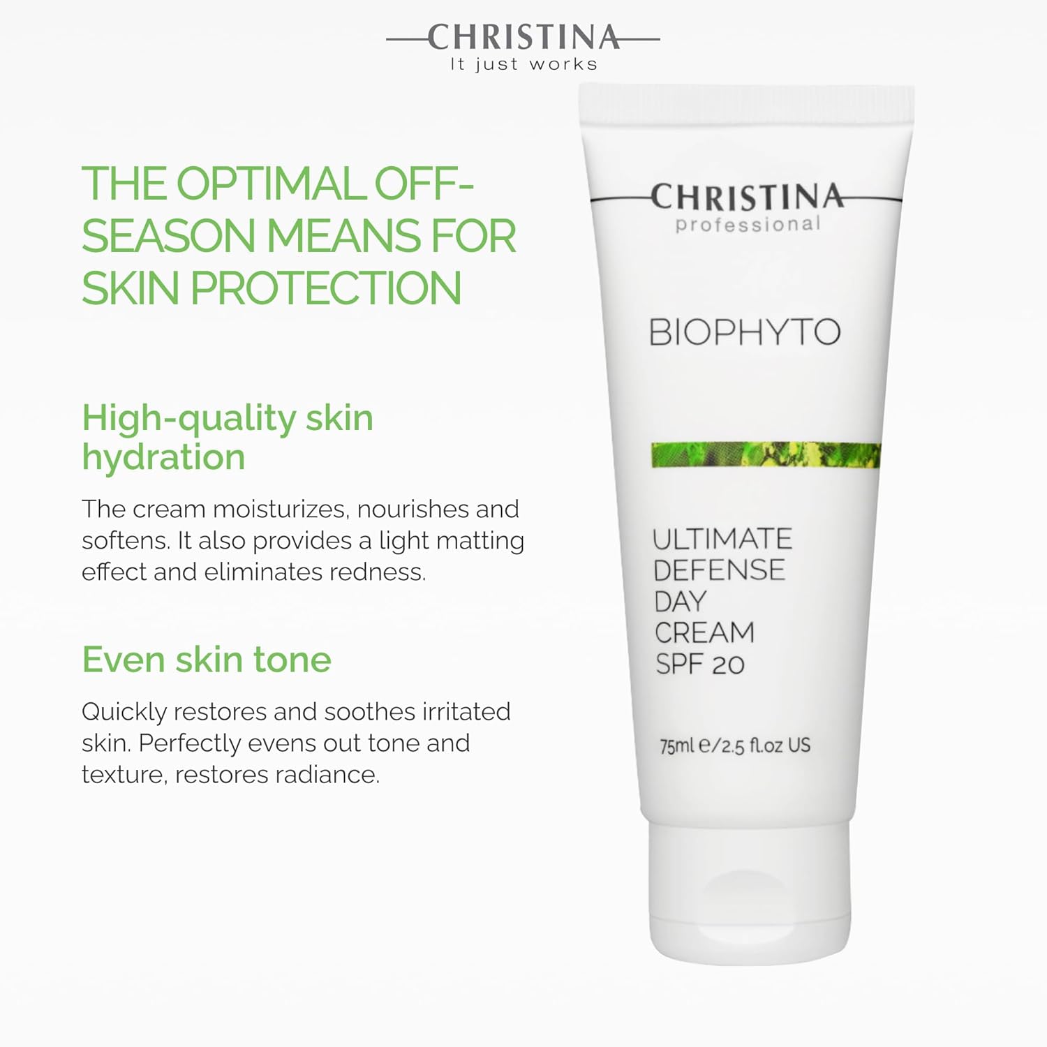 Christina Bio Phyto Ultimate Defense Day Cream Moisturizer with SPF 20-75 ml - Broad Spectrum UVA/UVB Protection Facial Moisturizer with Hyaluronic Acid & Vitamin B12- For Normal & Combination Skin-Velvo Beauty