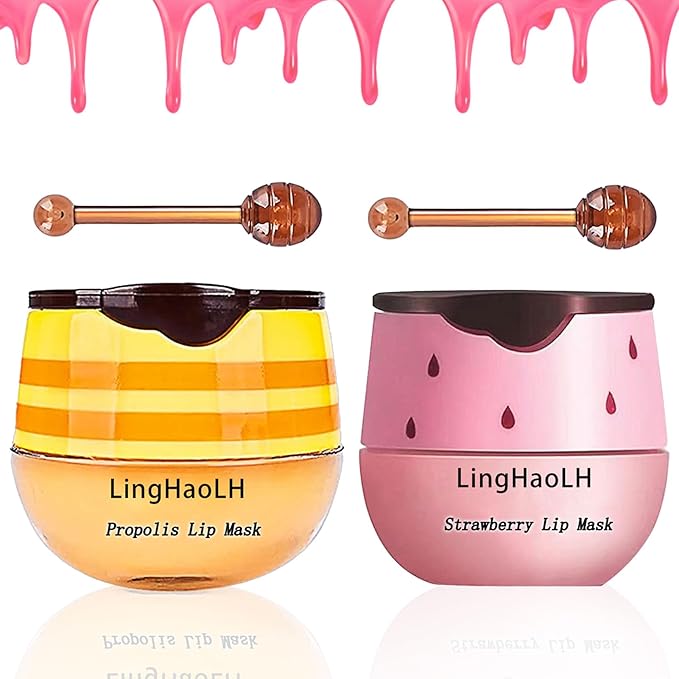 2PCS Bee Lip Balm,Hydrating Honey Pot Lip Balm with Stick,Non-Greasy Silky Sleeping Lip Mask Set,Long Lasting Lip Scrubs Moisturizer for Dry Cracked Lips（Honey ＋Strawberry）-Velvo Beauty