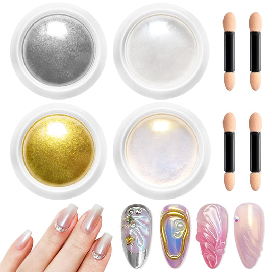 Gold Chrome Nail Powder BISHENGYF -【Metallic Mirror Effect】Pearl Chrome Nail Powder White Aurora Mermaid Iridescent Silver Nail Chrome Powder Metallic Mirror Glitter Pigment Dust For Nail Art DIY-Velvo Beauty