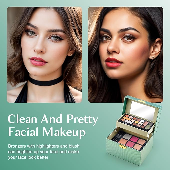 Color Nymph Beginner Makeup Kit For Teens, Girls Makeup kits With Recyclable And Key-Lockable Cabinet Included 17-Colors Eyeshadows Blushes Bronzer Highlighter Lipstick Brushes Mirror(Green)-Velvo Beauty