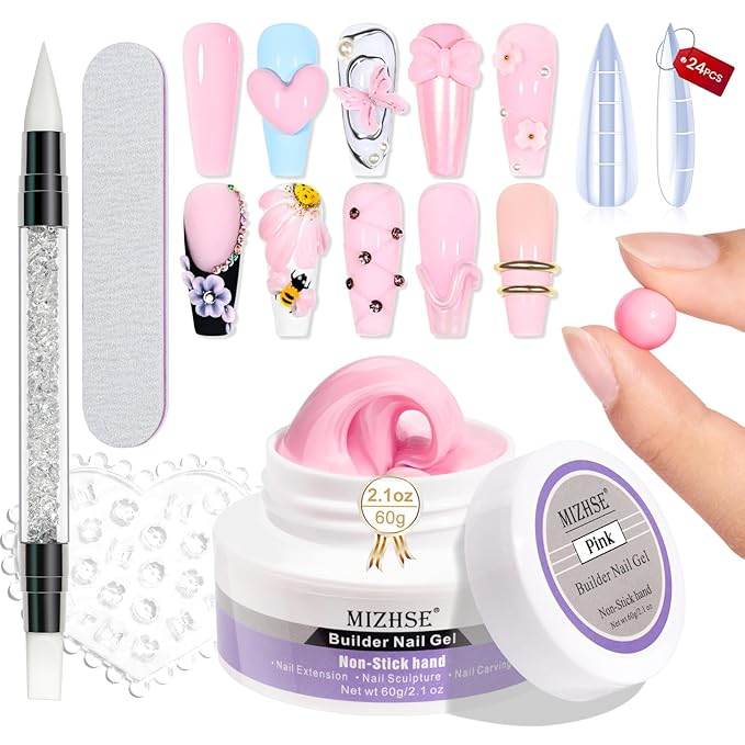 MIZHSE Solid Nail Builder Gel, 2.1 oz 60g Pink Builder Gels for Nails Non-Sticky Solid Builder Extensions Hard Gel with 24pcs Dual Forms and Silicone Pen 3D Art Manicure Set-Velvo Beauty
