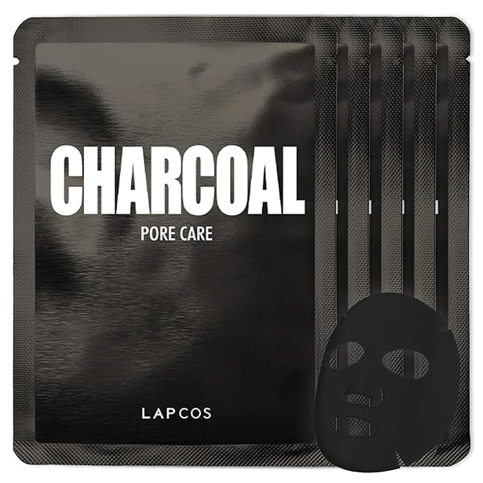 LAPCOS Charcoal Sheet Mask, Daily Face Mask with Salicylic Acid and Tea Tree Oil to Detoxify and Tighten Skin, Korean Beauty Favorite, 5-Pack-Velvo Beauty