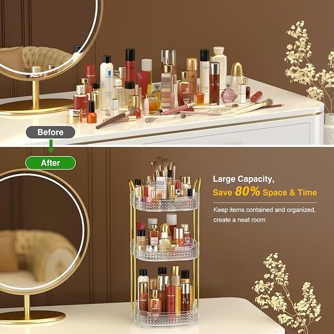 Awenia Rotating Makeup Organizer 360, Stackable Adjustable Large Capacity Cosmetic Storage Unit,Dresser Bathroom Kitchen Countertop Organizer with Metal Handle, Plus Size (Clear, 3 Tier)-Velvo Beauty