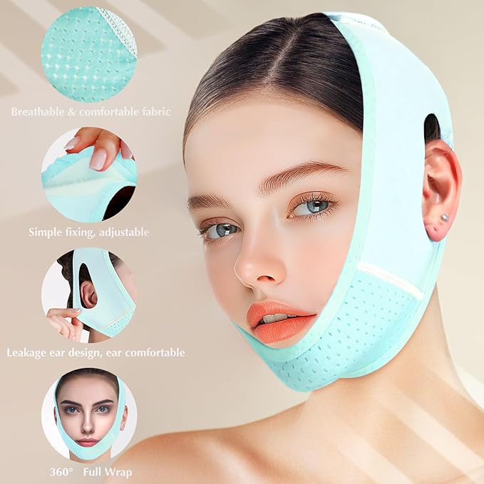 Reusable V Line Lifting Mask with Chin Strap, V Shaped Face Mask for Sagging, Jaw Exerciser (Light Blue)-Velvo Beauty