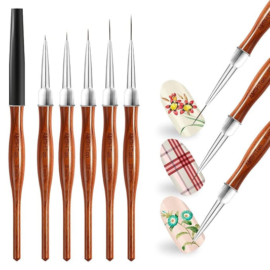 Nail Art Liner Brushes, 5Pcs Wooden Nail Brushes for Fine Drawing & Detailed Nail Art, Gel Polish Painting Tools for Long Lines & Nail Design Sizes 5/8/12/15/20mm（Wood color）-Velvo Beauty