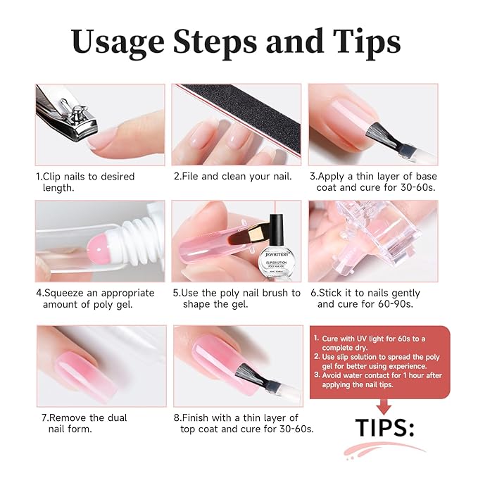 JEWHITENY Poly Nail Gel Set Clear Pink White Neutral Classic Color Poly Extension Gel With Base and Top Coat Slip Solution French Manicure for Home DIY Need U V Lamp Curing-Velvo Beauty