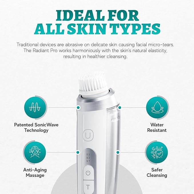 Radiant Pro - Smart Sonic Facial Cleansing Brush & Face Massage Device, Rechargeable & Waterproof Electric Face Scrubber Brush for Men & Women, Premium Face Exfoliator Scrubber-Velvo Beauty