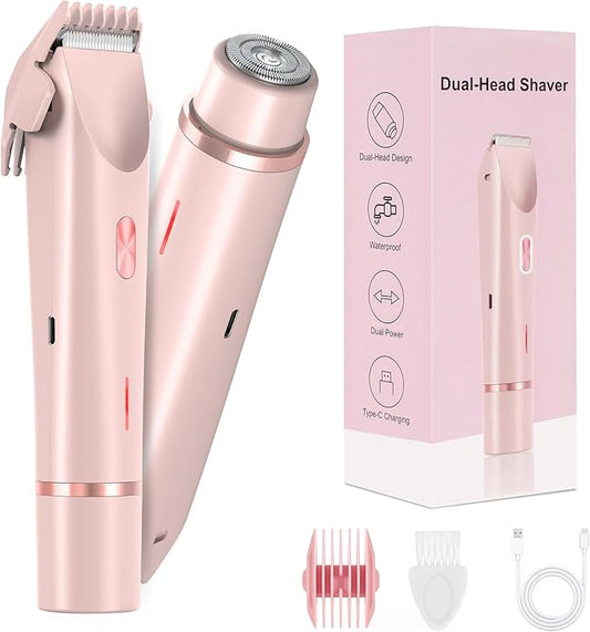 Bikini Trimmer for Women-2 in 1 Dual Head Electric Razors,USB Rechargeable Bikini Electric Shaver,IPX7 Waterproof Dry & Wet Use Body Hair Trimmer and Facial Hair Remover for Underarm Leg Body,Pink-Velvo Beauty