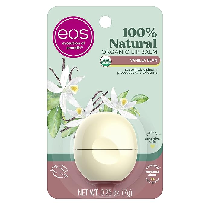eos 100% Natural & Organic Lip Balm Sphere- Vanilla Bean, All-day Moisture, Dermatologist Recommended for Sensitive Skin, Lip Care Products, 0.25 oz-Velvo Beauty