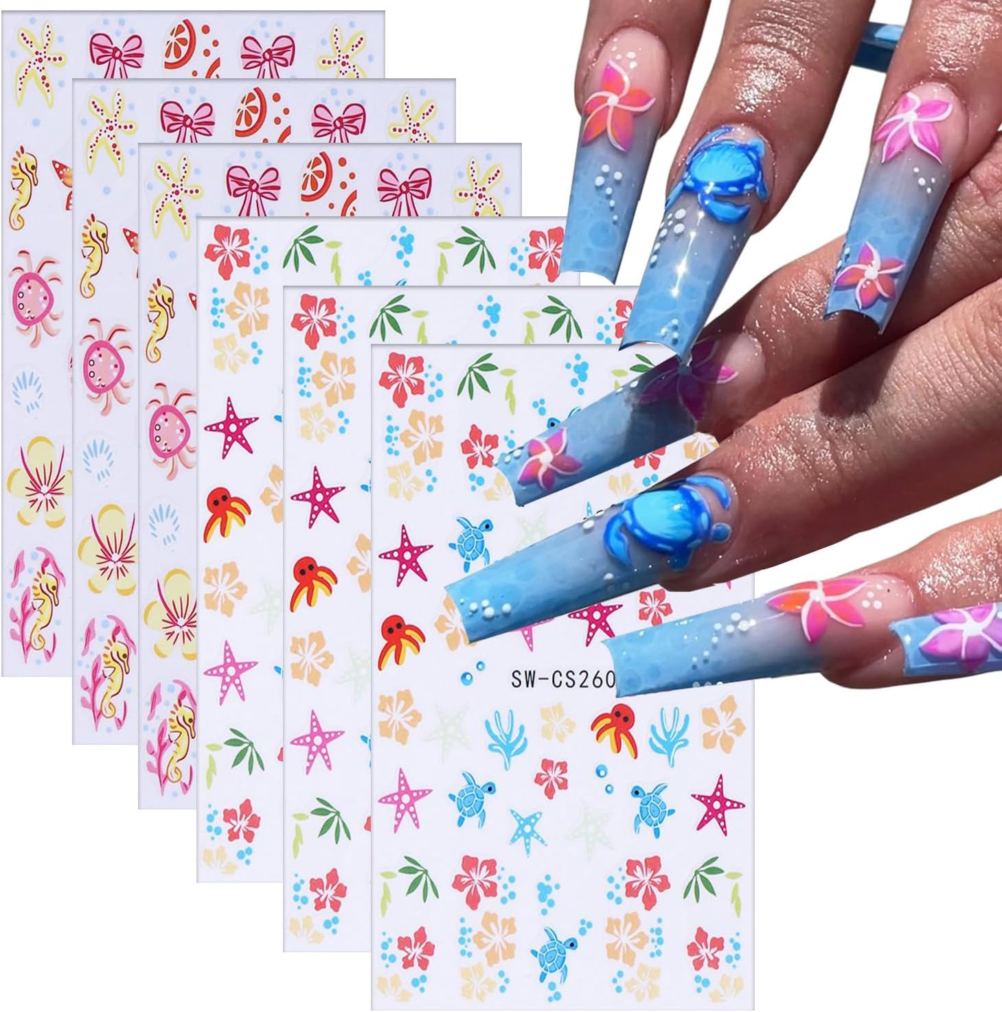 6 Sheets Ocean Style Nail Art Stickers 3D Self -Adhesive Starfish Sea Turtles Nail Decals Holographic Flower Bow Nail Stickers Summer Floral Seahorse Nail Decoration for Women Manicure Supplies-Velvo Beauty