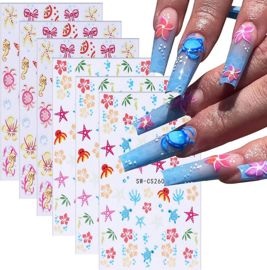 6 Sheets Ocean Style Nail Art Stickers 3D Self -Adhesive Starfish Sea Turtles Nail Decals Holographic Flower Bow Nail Stickers Summer Floral Seahorse Nail Decoration for Women Manicure Supplies-Velvo Beauty