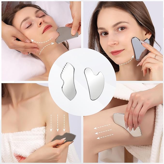 2Pcs Stainless Steel Gua Sha Facial Tools Set, Metal Face Comb Detail Skin Care Tools, Body and Face Gua Sha Sculpting for Tighten Skin Lymphatic Drainage-Velvo Beauty