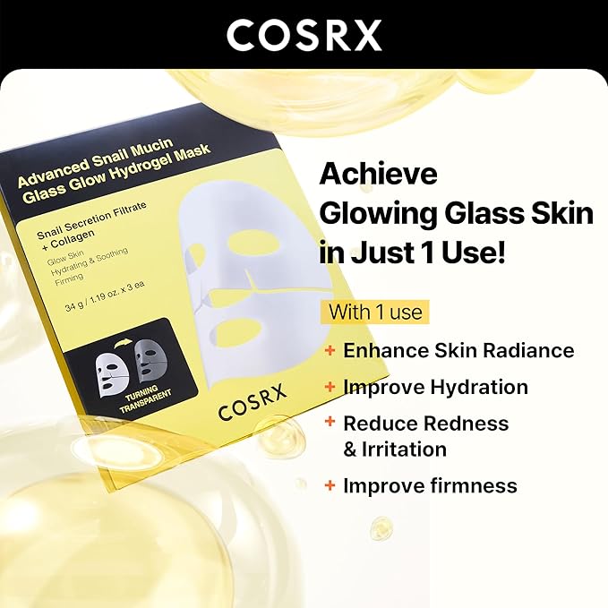 COSRX Advanced Snail Mucin Glass Glow Hydrogel Face Masks Skincare 3 EA, Collagen Face Mask, Travel Essentials, Overnight Face Mask, Korean Skin Care-Velvo Beauty