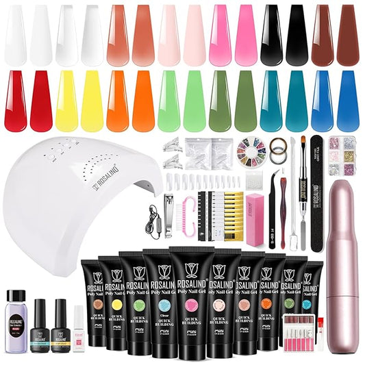 Poly Nail Gel Starter Kit -14 Colors + 75 Nail Art Accessories Kit, ROSALIND Neon Poly Extension Gel with Big UV Light 48W and Electric Nail Drill Starter Kit with Everything-Velvo Beauty