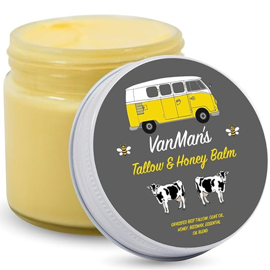 Vanman's - Tallow and Honey Balm Jumbo - Tallow Face Moisturizer with Pure Grass-Fed/Finished Beef Tallow for Skin and Essential Oils, Organic Raw Honey and Beeswax, Cold Pressed Olive Oil - 6 oz-Velvo Beauty