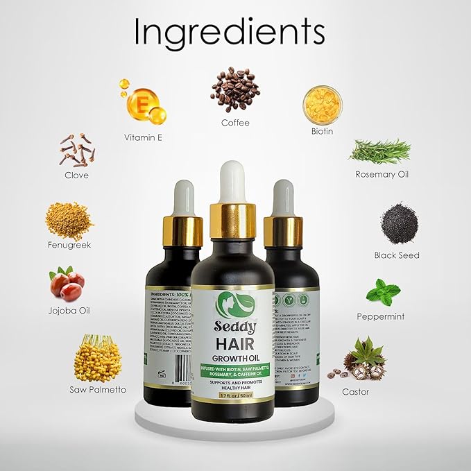 Seddy Hair Growth & Strengthening Oil with Caffeine, Rosemary, Castor, Biotin, Peppermint, Argan & Jojoba Oils - 1.7 Fl. Oz (Pack of 1)-Velvo Beauty