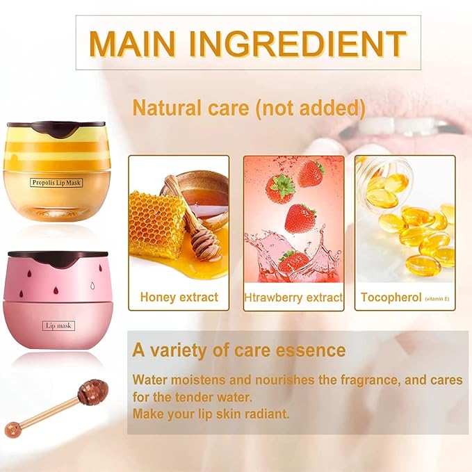 Bee Lip Balm Honey Pot, 2 PCS Strawberry & Honey Lip Masks Hydrating Prevention Dry and Cracked Lip Scrubs Exfoliator,Lip Sleep Mask Reduces Lip Lines,Lip Exfoliating BeeLip Balm Sleeping Lip Mask-Velvo Beauty