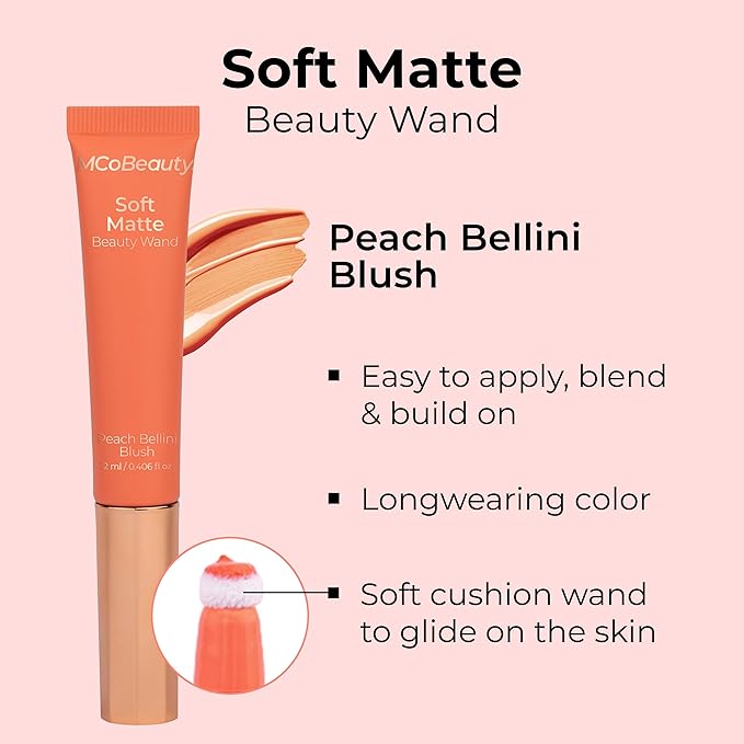 MCoBeauty Soft Matte Beauty Wand, Peach Bellini Blush, Velvety Finish of Buildable Color, Vegan, Cruelty Free Cosmetics-Velvo Beauty