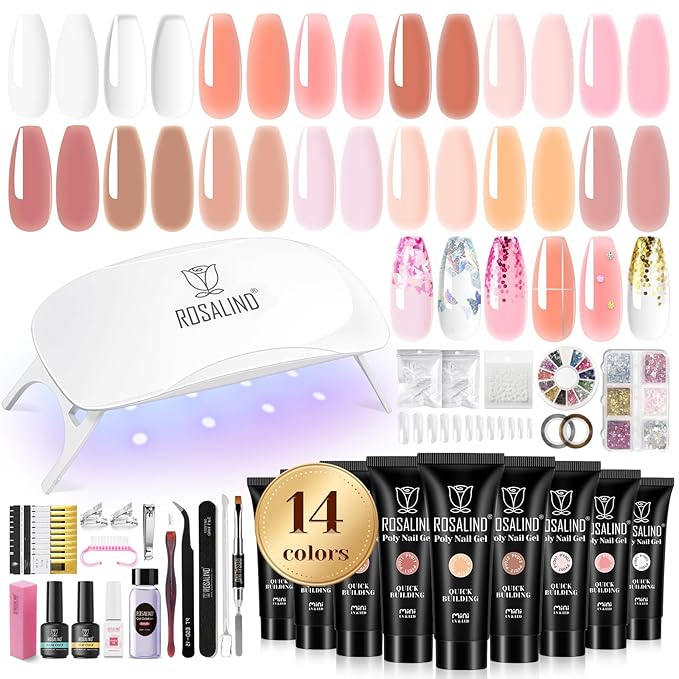 ROSALIND Poly Nail Gel Kit -14 Colors +72 Nail Art Accessories kit Nude Pink Poly Nails Gel Kit Starter Kit with Mini UV Lamp Slip Solution Basic Poly Nail Art Tools for Beginners with Everything-Velvo Beauty