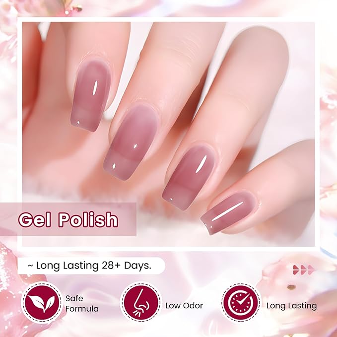 JODSONE 6PCS Jelly Gel Nail Polish Set 6Colors 10ml Long Lasting Neutral Nude Pink Pale Purple Jelly Gel Polish Art for Nail and Salon Need U V Lamp-Velvo Beauty
