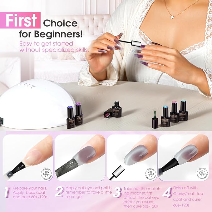 ROSALIND Cat Eye Gel Nail Polish, 8 Color Jelly Gel Polish with Magnet Stick Magnetic Cateye Translucent Effect Sheer Glitter Collection Manicure Gifts for Women-Velvo Beauty