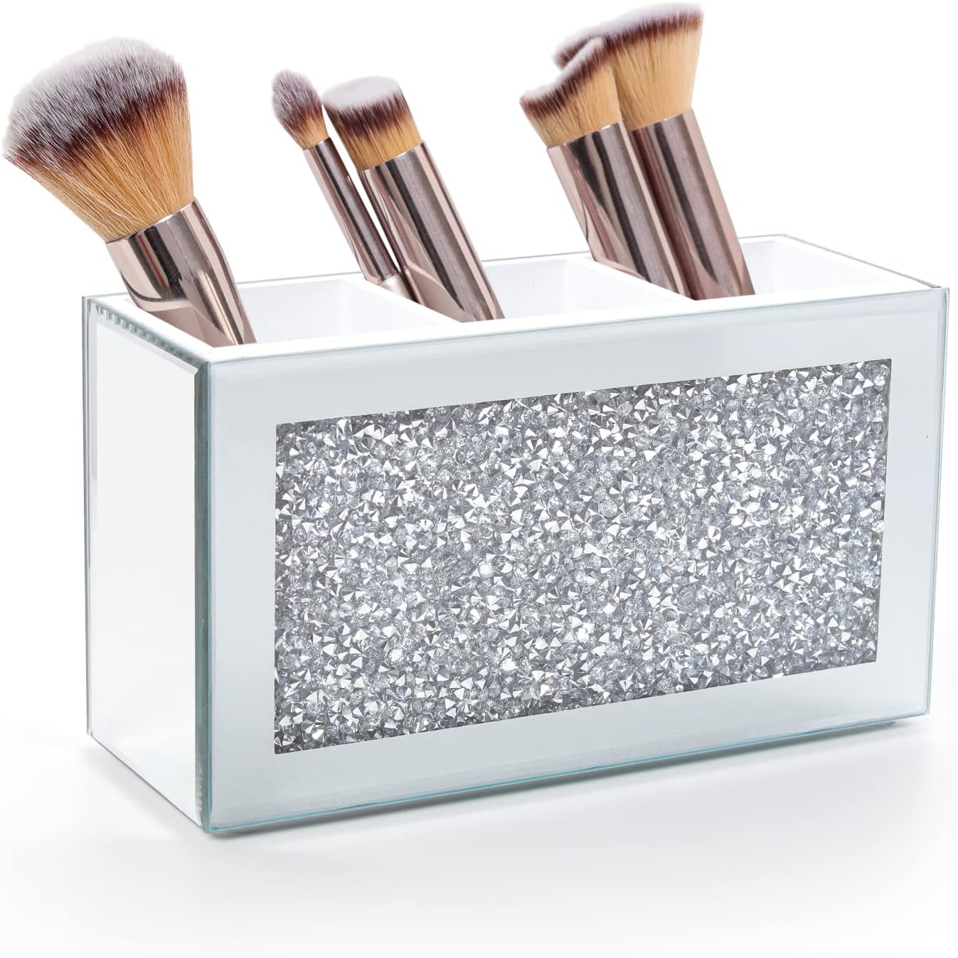 SWTHONY Silver Makeup Brush Holder Organizer, Bling 3 Slot Crushed Diamond Crystal Mirrored Cosmetic Brushes Storage, Eyeliners Eyebrow Pencil Display Case-Velvo Beauty