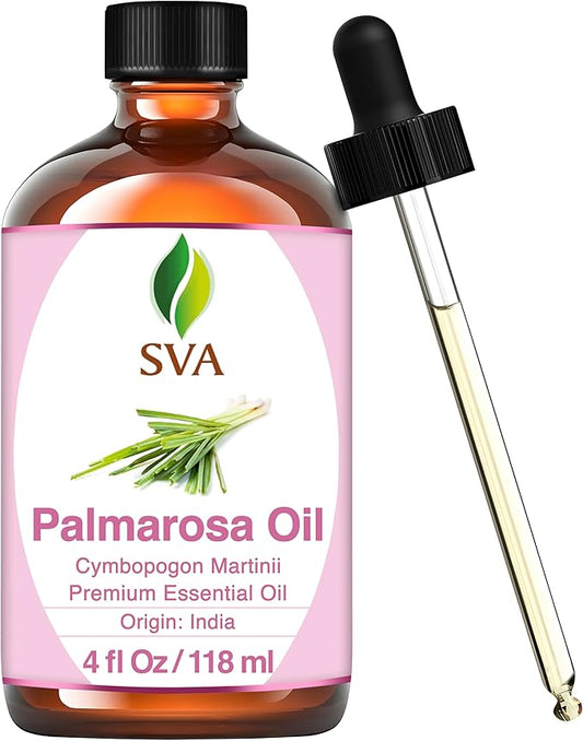 SVA Palmarosa Essential Oil – 4 Fl Oz – 100% Natural Palmarosa Oil - for Diffuser, Hair Care, Face, Skin Care, Aromatherapy, Scalp and Body Massage, Soap and Candle Making – with Dropper-Velvo Beauty
