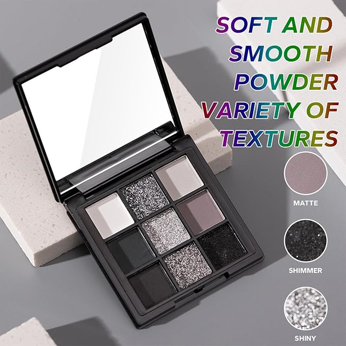 Erinde 9 Color Smokey Eyeshadow Palette, Highly Pigmented Matte & Glitter Shades,Black Silver Gray Eye Shadow Set for Halloween Makeup, Long-Lasting, Waterproof & Blendable, Reversal Star Smokey-Velvo Beauty