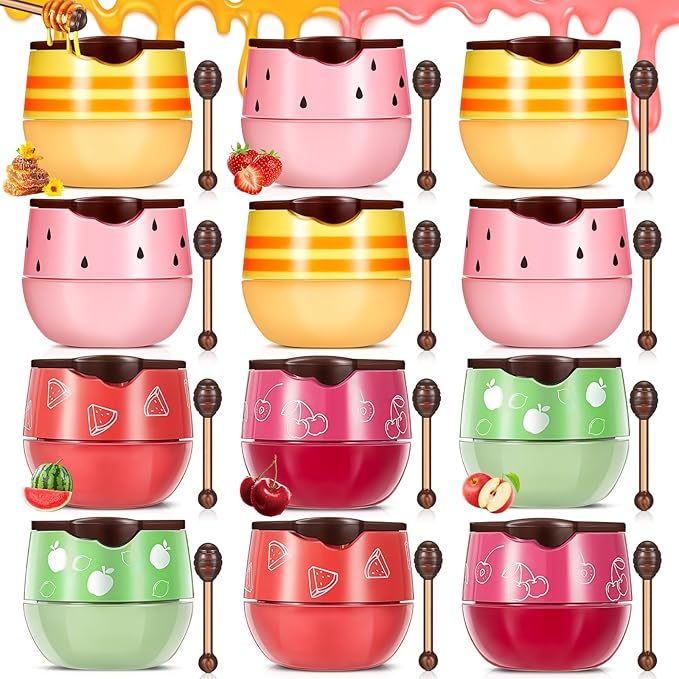 12 Pcs Bee Lip Balm Honey Pot with Brush Propolis Lip Mask Overnight, Moisturizing Hydrating Lip Sleeping Mask Prevention Dry and Cracked(Honey+Strawberry+Watermelon+Apple Lime+Cherry)-Velvo Beauty