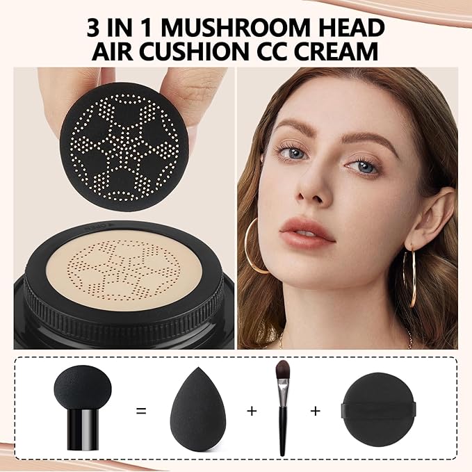 Mushroom Head Air Cushion CC Cream Strong Concealer 2PC,Face Makeup Cushion Foundation Long Lasting,Moisturizing BB Cream Makeup Base Primer Even Skin Tone for All Skin Types (2PC 01, 200g)-Velvo Beauty
