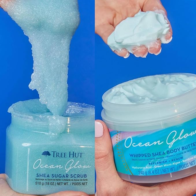 Ocean Glow Shea Sugar Scrub And Whipped Shea Body Butter Bundled With Beauty Patooty Self-Care Kit - Makeup Bag, Lip Balm, And Sleep Mask-Velvo Beauty