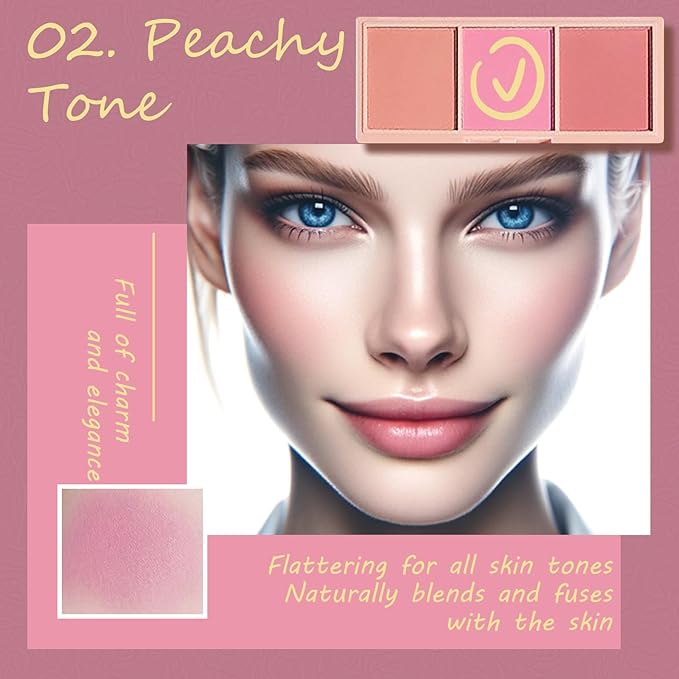 3 Color Matte Pink Blush Palette with Brush, Long Lasting Cheek Makeup, Smooth and Light Blush Powder for Face Beauty-Velvo Beauty